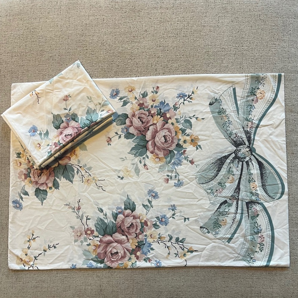 Vintage Floral Rose Bow Pillowcase Set Cottagecore Shabby Chic Pink Teal White